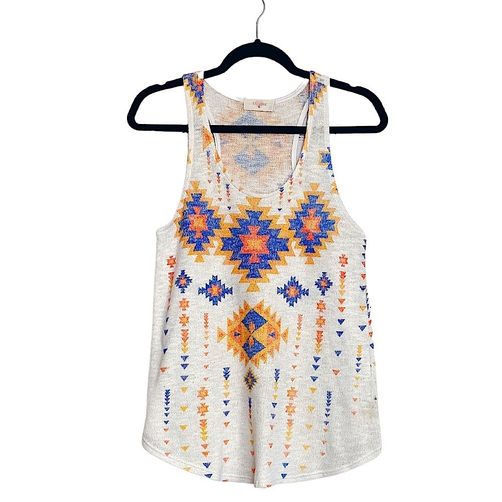 Blushed Aztec Tribal Print Blue/Orange Racerback Tank Top Tight Knit EUC Boho